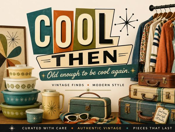 Vintage-themed display with retro kitchenware, suitcases, and clothes.
