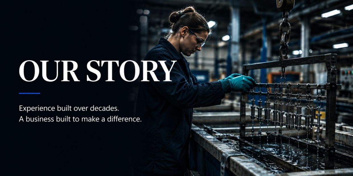 Woman working in industrial manufacturing with text about business experience.