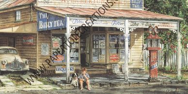 Staying for a Refund by Gordon Hanley depicting scene of small town Australia. 