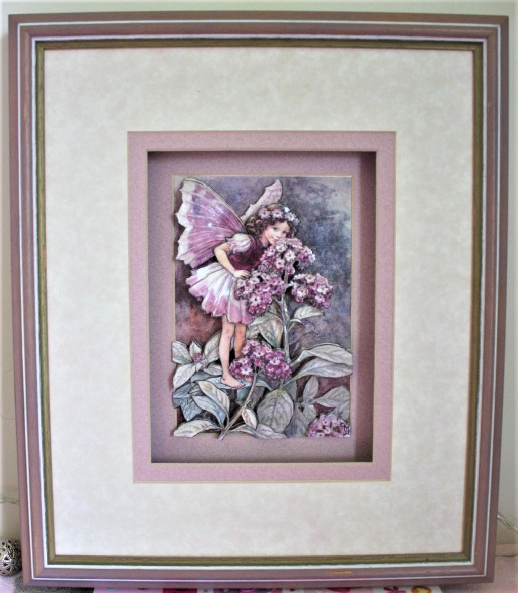 Heliotrope Fairy from Cicely M Barker's Flower Fairy range. Framed paper tole courtesy of J. Bayliss