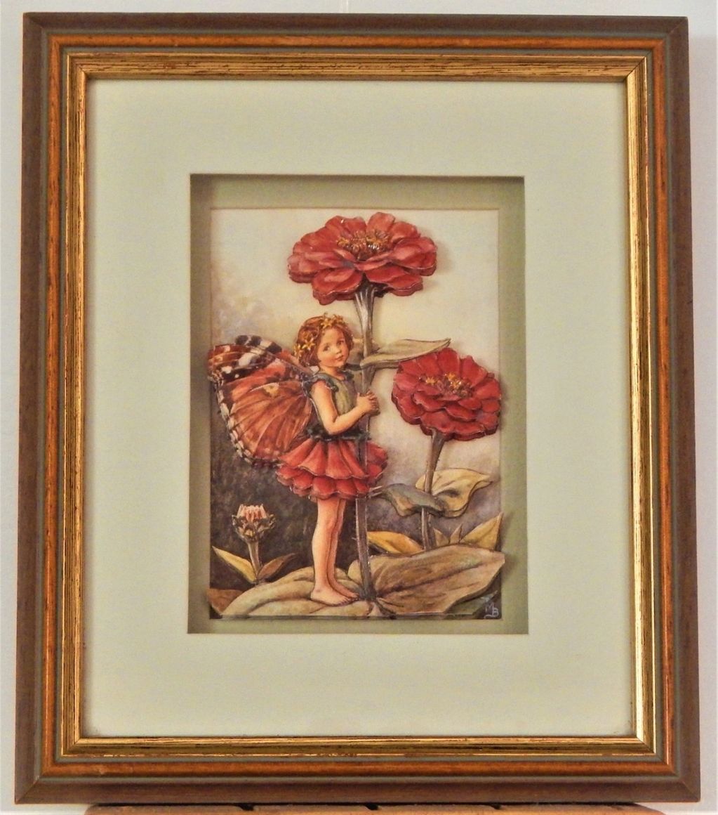 Zinnia Fairy from Cicely M Barker's Flower Fairy range. Framed paper tole courtesy of M. Hurren