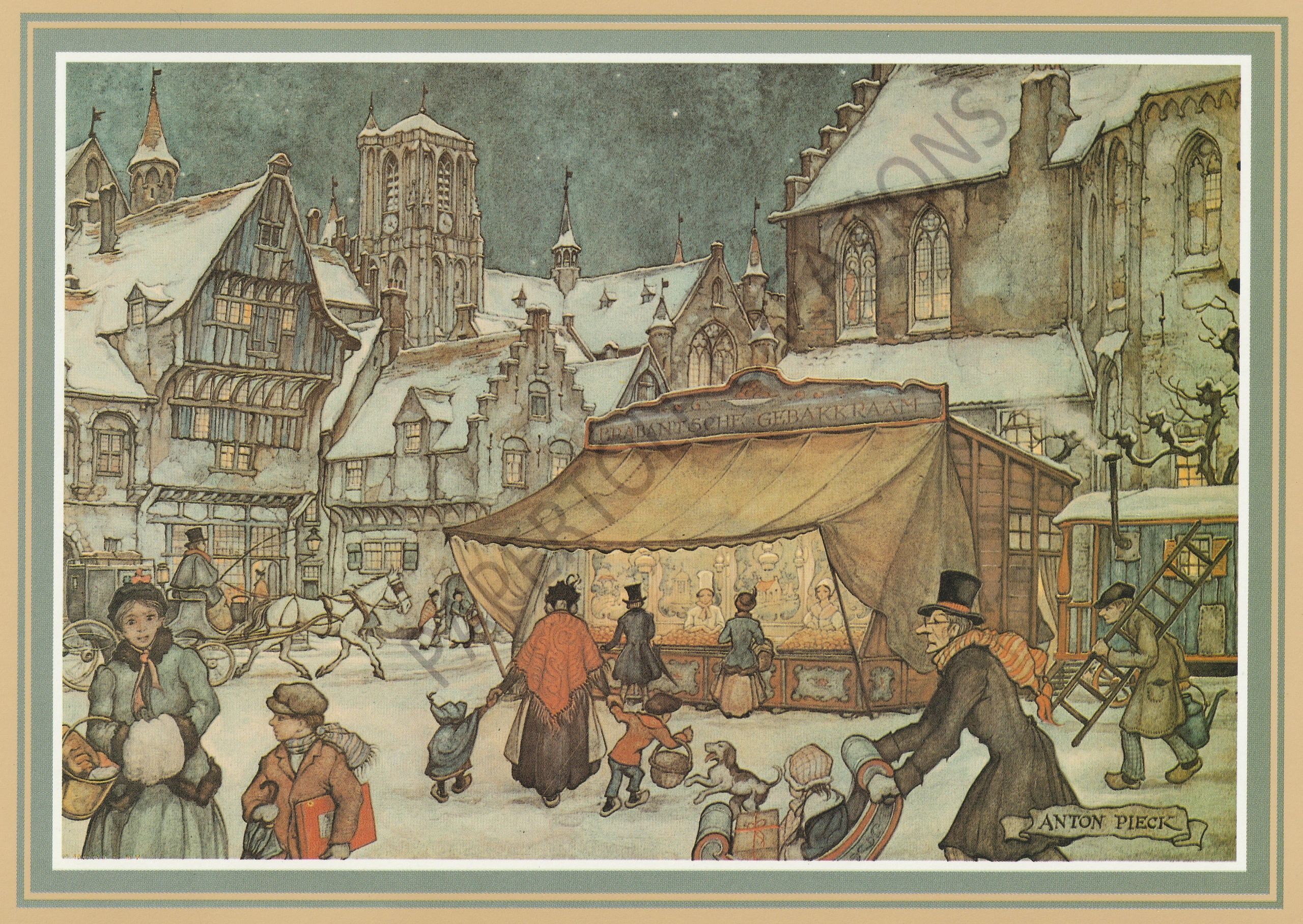A snowy winter market scene with people shopping and a horse carriage passing by.