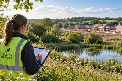 Ecologist Surveying Meadow and Development