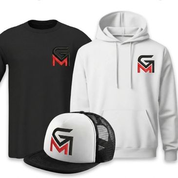 Black t-shirt, white hoodie, and black-white cap with matching GM logo.