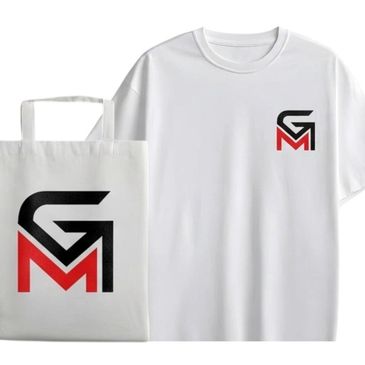 White T-shirt and tote bag with a stylish black and red GM logo.