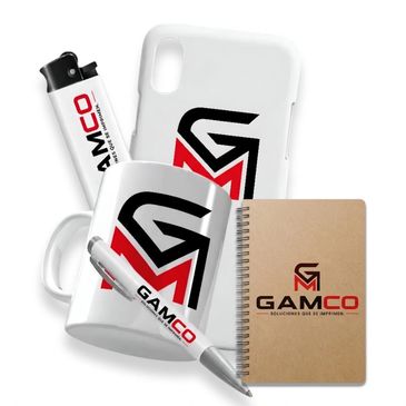 Branded promotional items including mug, pen, lighter, notebook, and phone case.