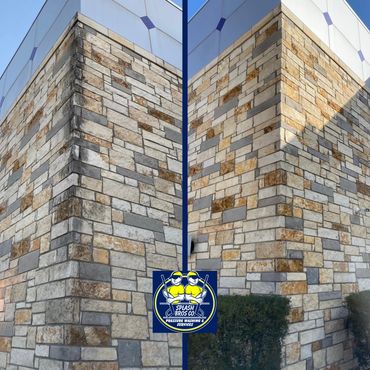 Commercial pressure washing in San Antonio, Texas. Soft washing the walls and pressure washing.