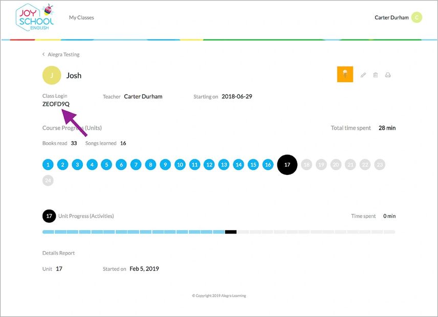 Joy School portal class code