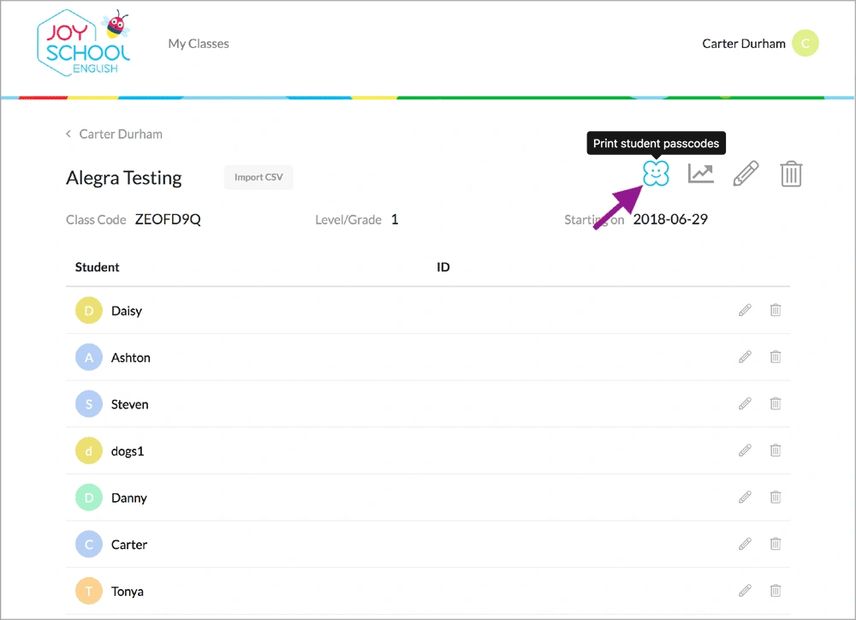 Print student passcodes