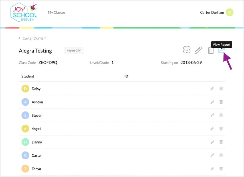 Joy School English student progress report