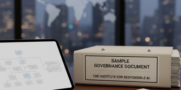 A binder labeled 'Sample Governance Document' next to a tablet displaying a flowchart.