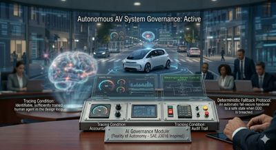 Futuristic autonomous vehicle system governance interface with real-time monitoring and fallback protocols.