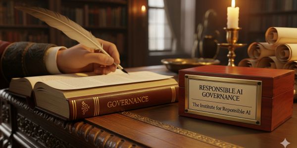 A person writes with a quill on a book titled 'Governance' in a candlelit room.