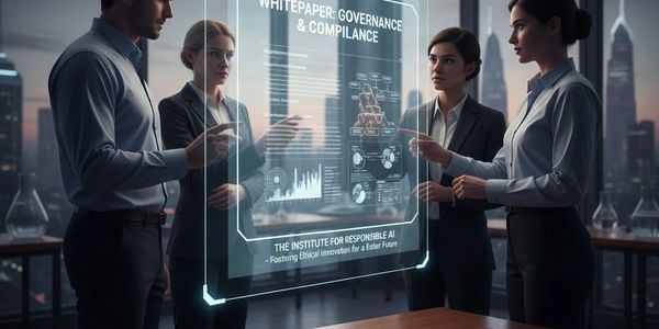 Business professionals discuss AI governance using a futuristic transparent screen.