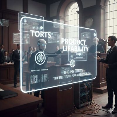 A robot lawyer presents a futuristic product liability case in a courtroom with digital displays.
