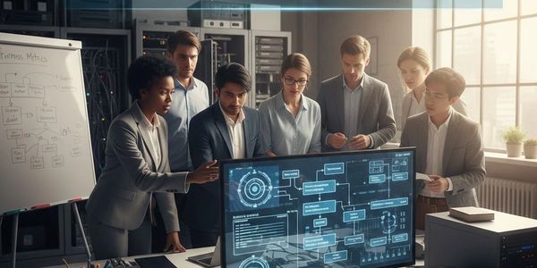 Team of professionals analyzing data on a digital interface in a modern office.