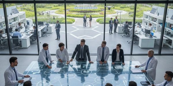 Team of professionals collaborating around a digital interactive table in a modern office.
