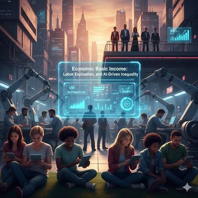 Futuristic city scene showing AI-driven inequality and economic themes with diverse people using technology.