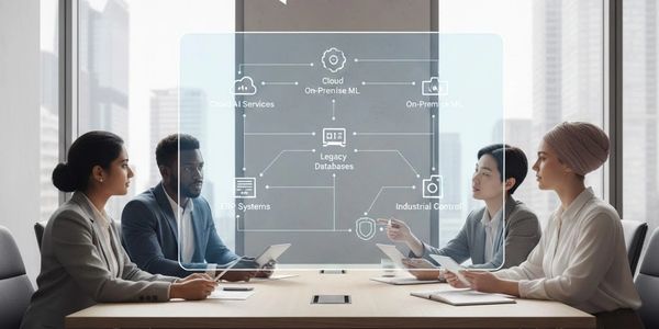 Diverse professionals discuss cloud and legacy database integration in a modern office.