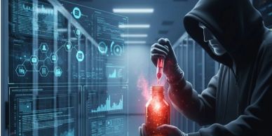 A hooded figure manipulates glowing red liquid with digital data screens in the background.
