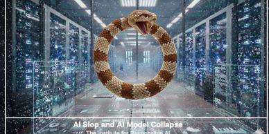A snake biting its tail in a server room symbolizes AI model collapse.