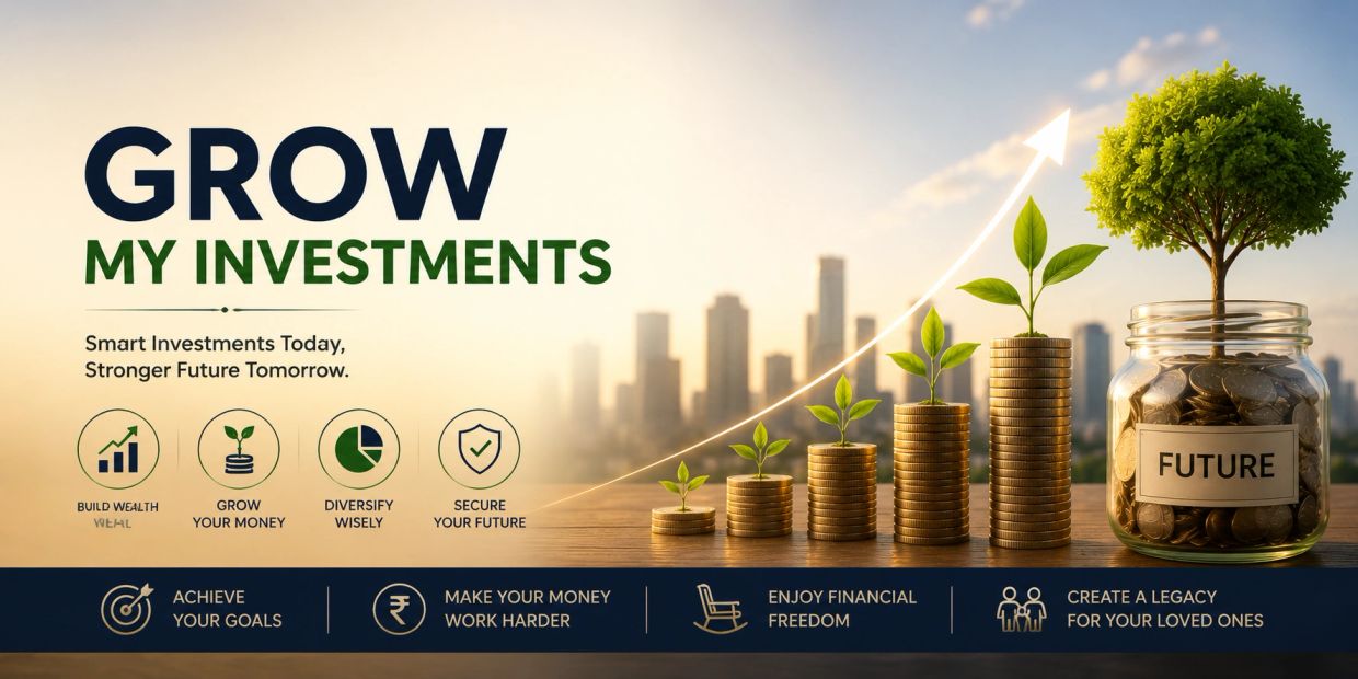 Investment growth concept with coins and plant icons.