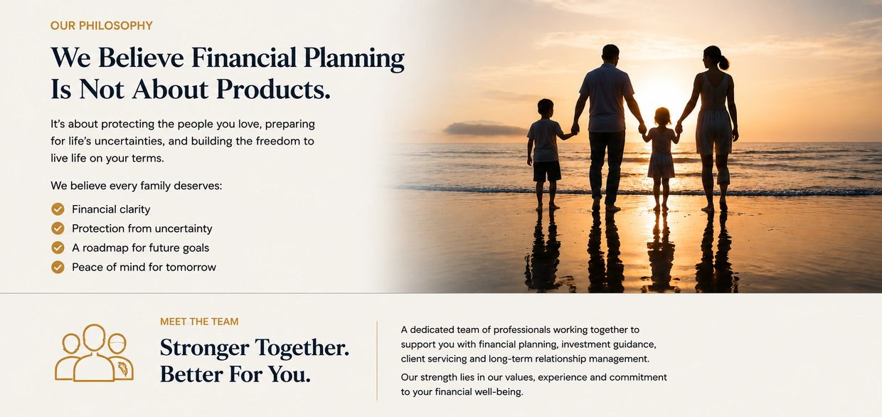 Family holding hands on a beach at sunset with financial planning message.