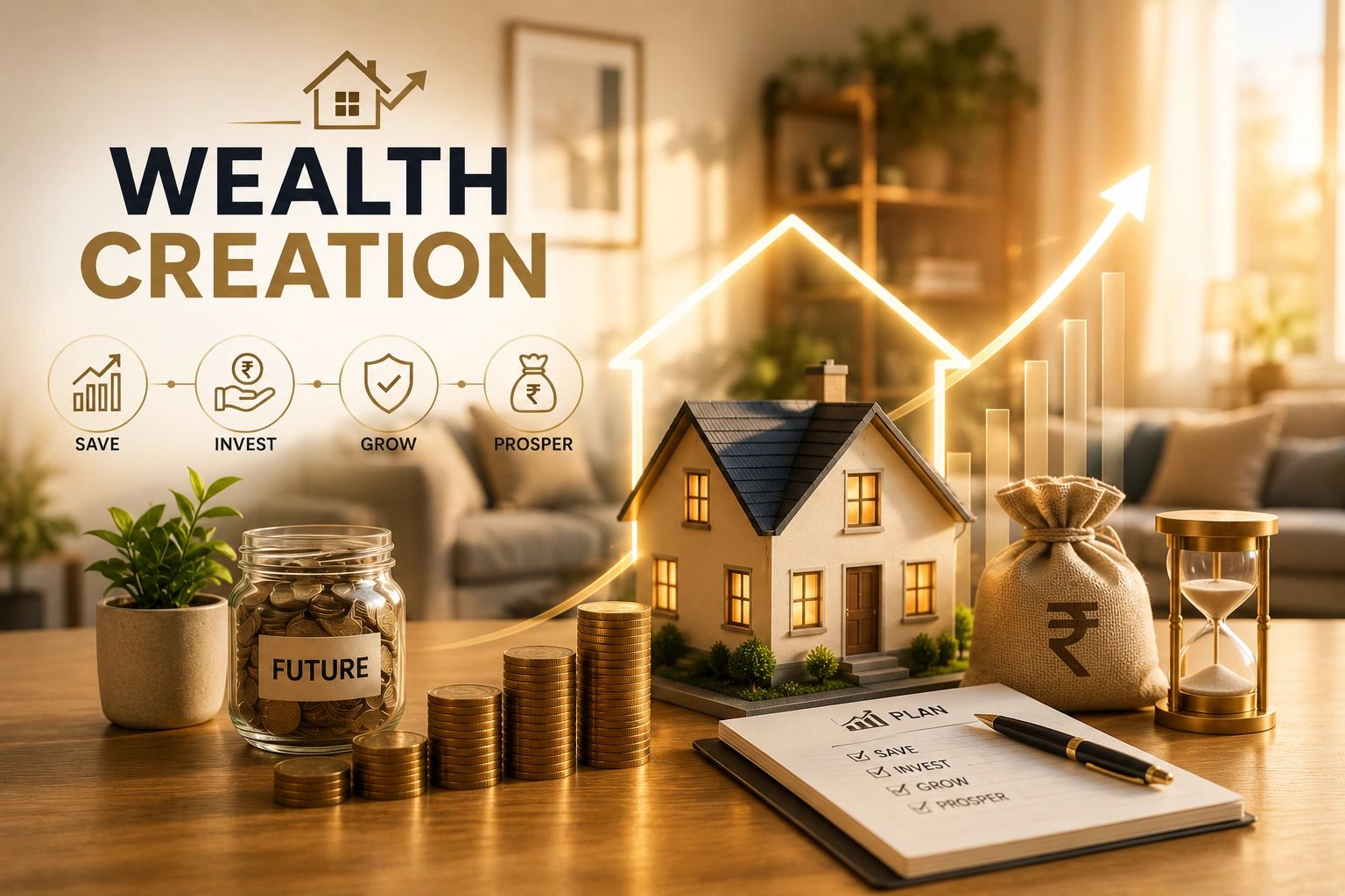 Wealth creation concept with coins, house model, and financial plan.