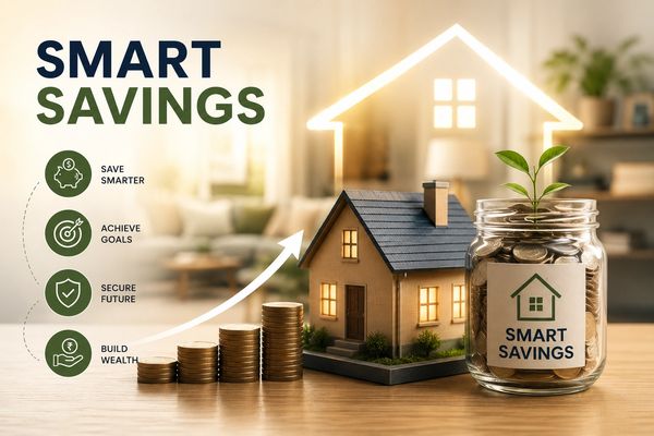 Concept of smart savings with coins, house model, and plant.