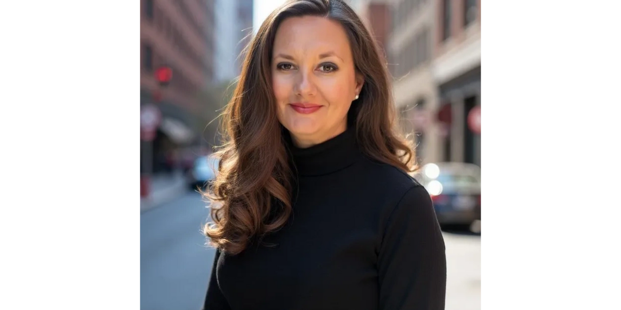 Woman in black turtleneck smiling on a city street.