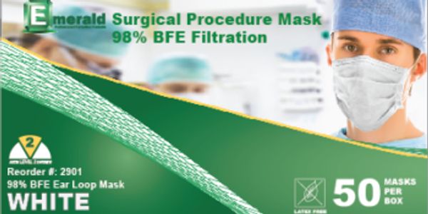 Box of Emerald Surgical Procedure Masks with 98% filtration.