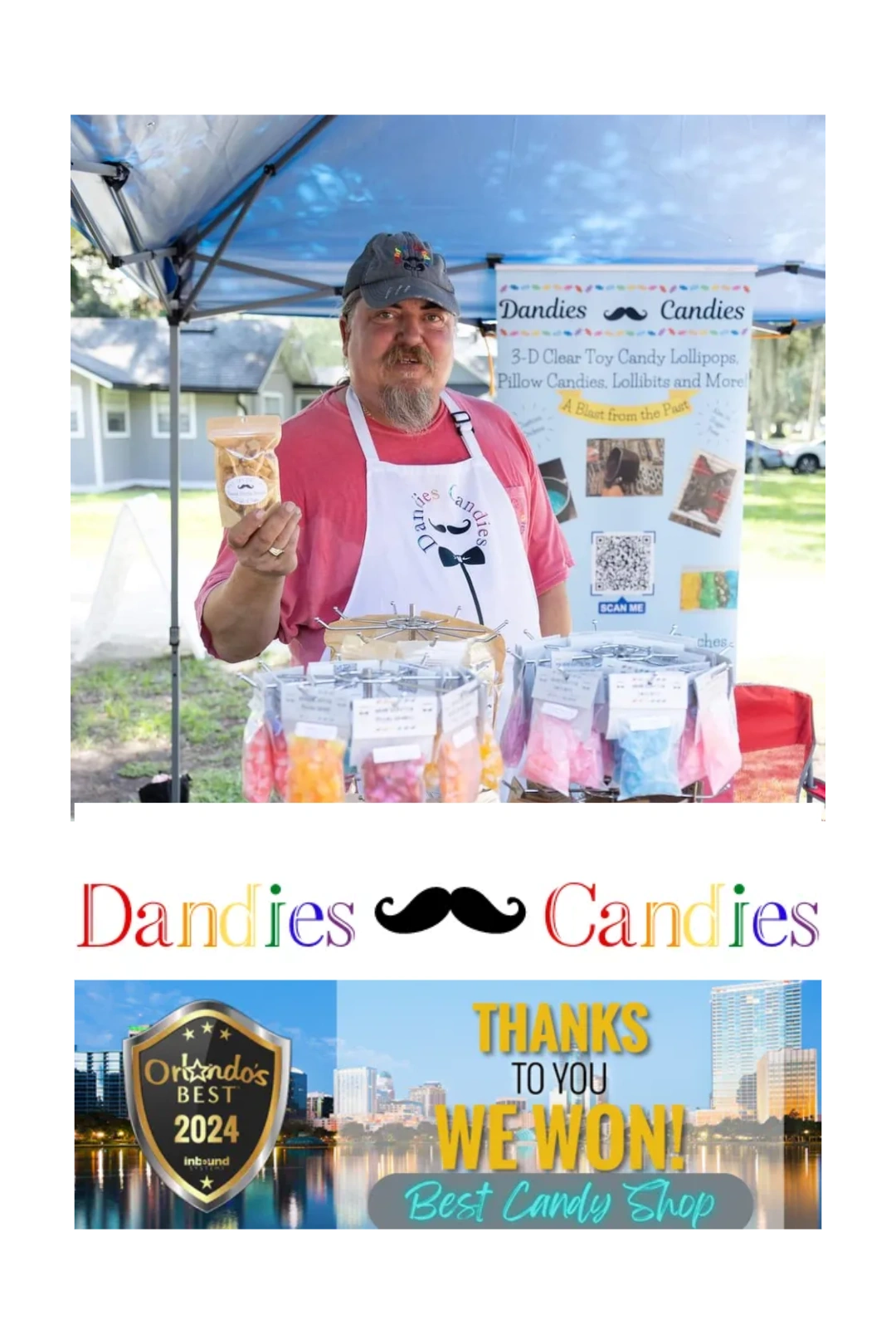 Dan Cote displaying a bag of brittle to sell along with pillow candies and rock candies