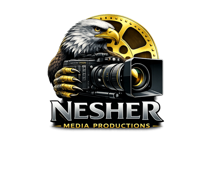 A fierce eagle holding a film camera with a golden film reel behind it for Nesher Media Productions.