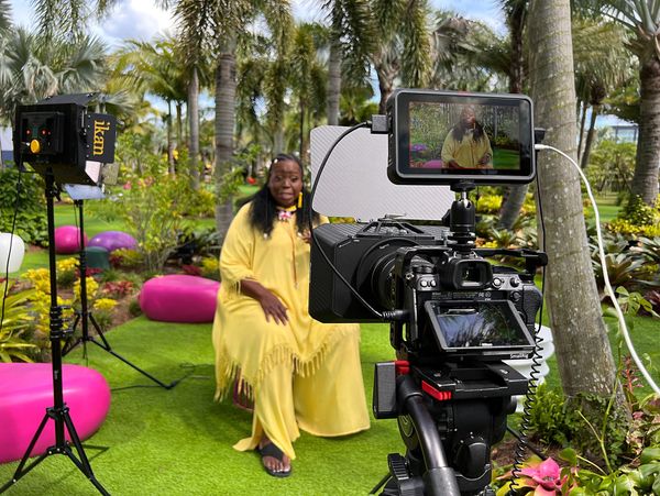 Woman in yellow dress filmed outdoors with professional camera and lighting.