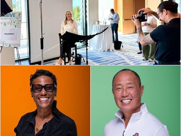 A professional photoshoot with diverse smiling individuals against colorful backdrops.