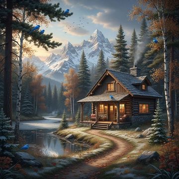 Cozy cabin by a lake in a forested mountain landscape.