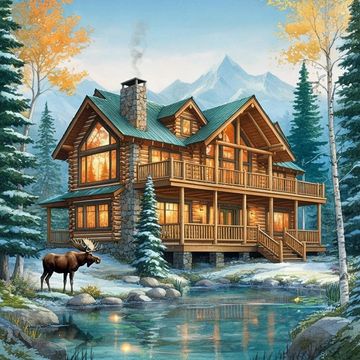 Cozy log cabin in the woods by a lake with a moose.