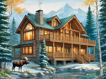 Cozy log cabin in the woods by a lake with a moose.