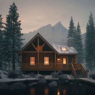 Cozy cabin in the woods at dusk.