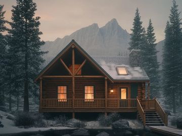 Cozy cabin in the woods at dusk.