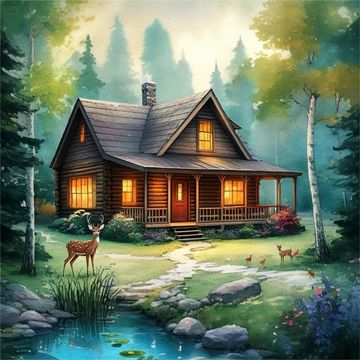 Cozy cabin lit warmly at dusk in a forest.