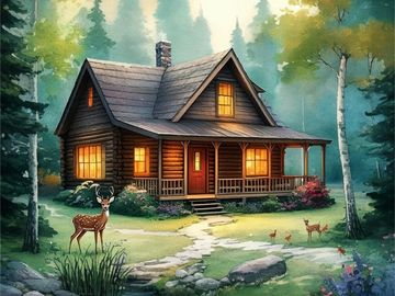 Cozy cabin lit warmly at dusk in a forest.