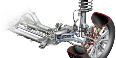 Detailed illustration of a car's front suspension and steering assembly with a cutaway tire view.