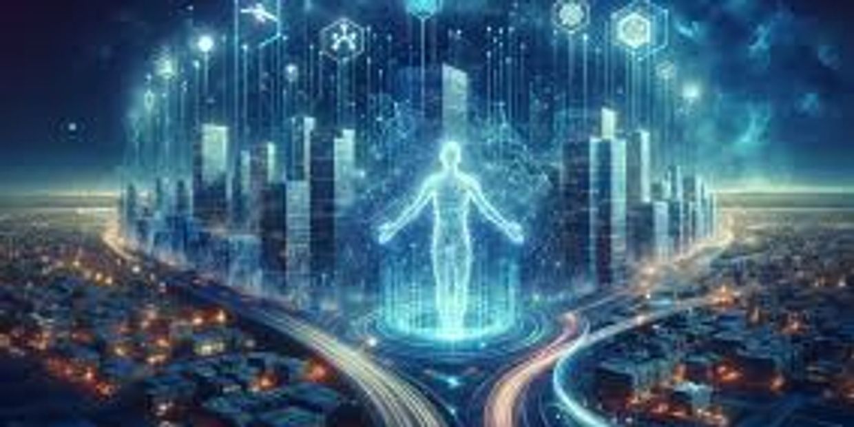 A digital human figure surrounded by futuristic cityscape and data streams.