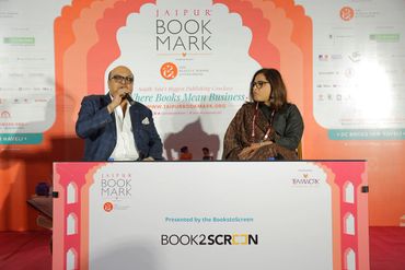 Mehool Parekh interacts with audience at Jaipur BookMark Session along side Vani Tripathi Tikoo