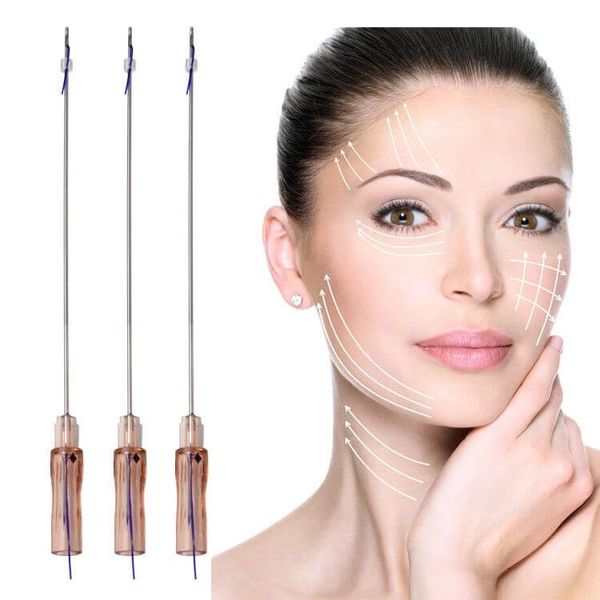 Three medical threads beside a woman's face with skincare markings.