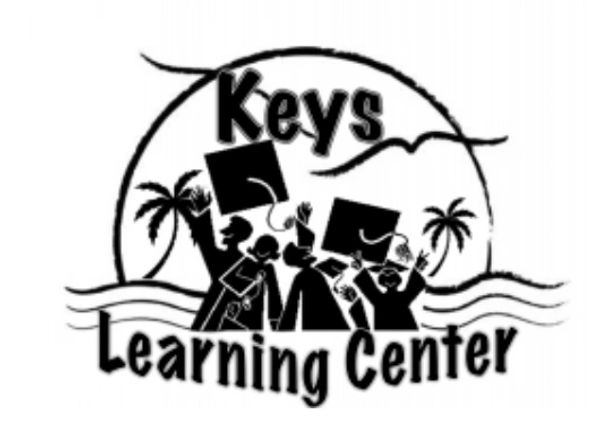 Logo for Keys Learning Center with people holding books and palm trees.