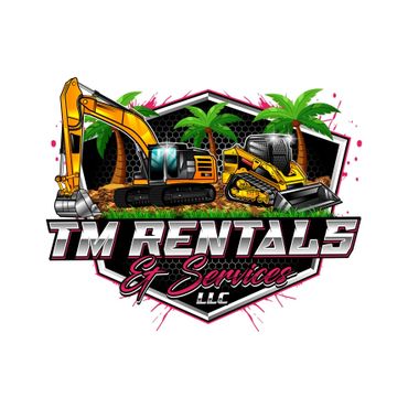 Logo of TM Rentals & Services with construction equipment and palm trees.