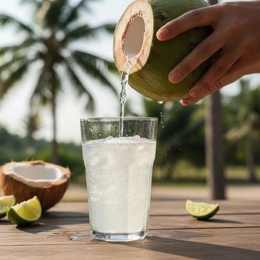 Pouring fresh coconut water into a glass outdoors.