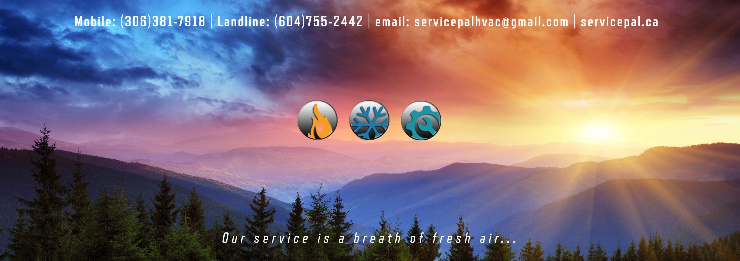 Sunrise over mountains with HVAC service contact info and slogan.